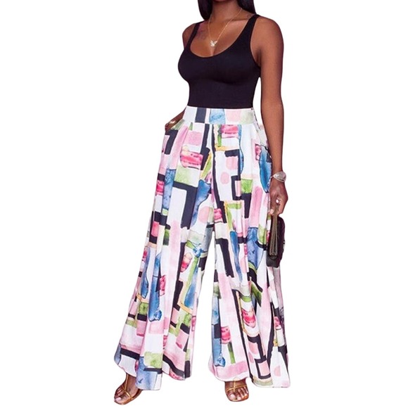 Colorful Geometric Abstract High Waisted Palazzo Pants Women’s Large NWOT - Picture 1 of 9